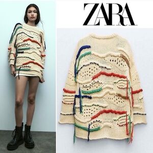🆕️ Zara Textured Knit Oversized Boho Embroidered Fringe Wool Blend Sweater XS/S